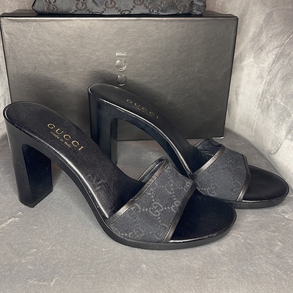 GUCCI | Sandalo Suola Gomma Original GG/Cuoio Maidera Heels in Nero - Picture 2 of 4